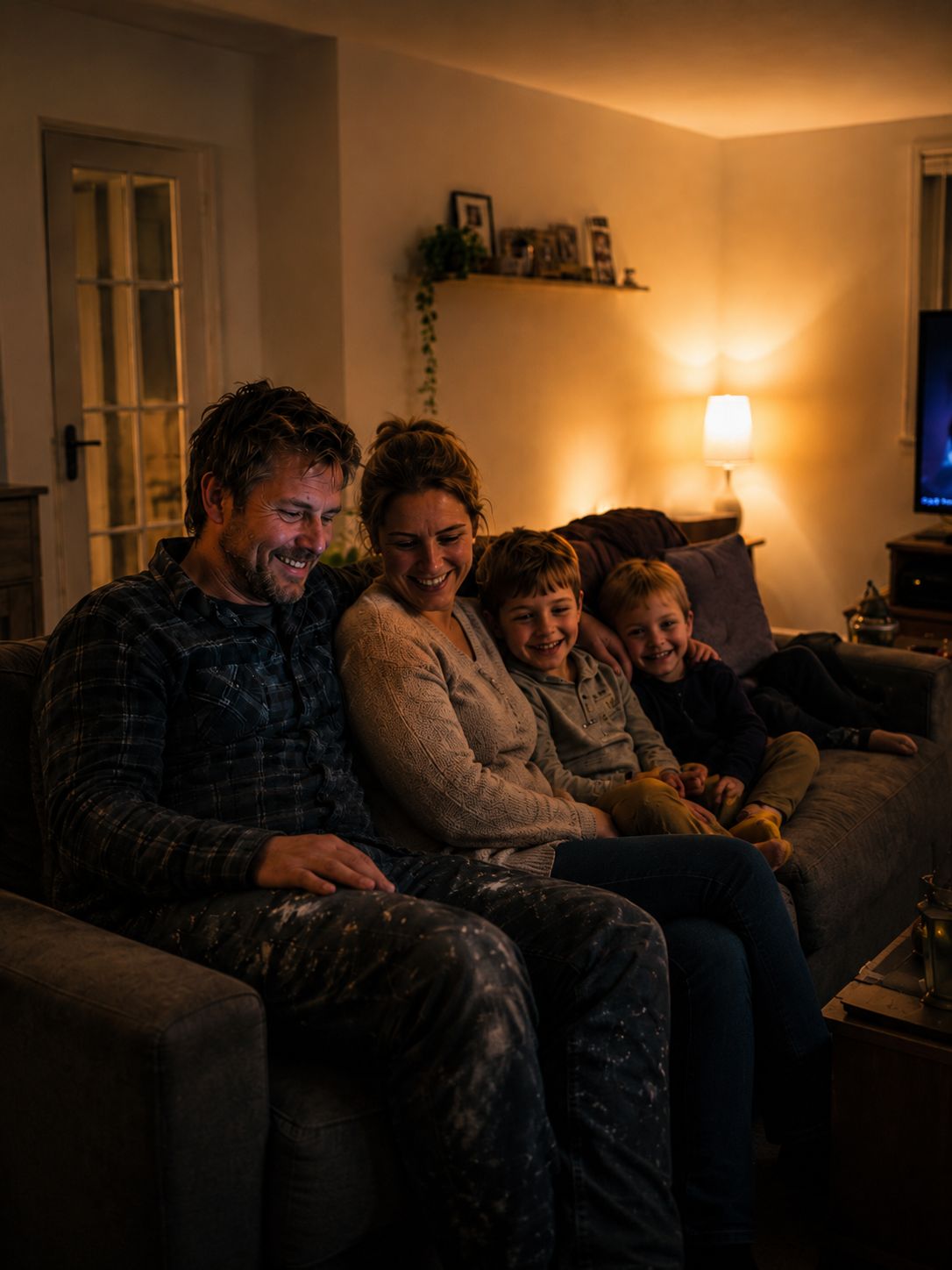Tradesman relaxing on the couch with his family because the admin is already done.