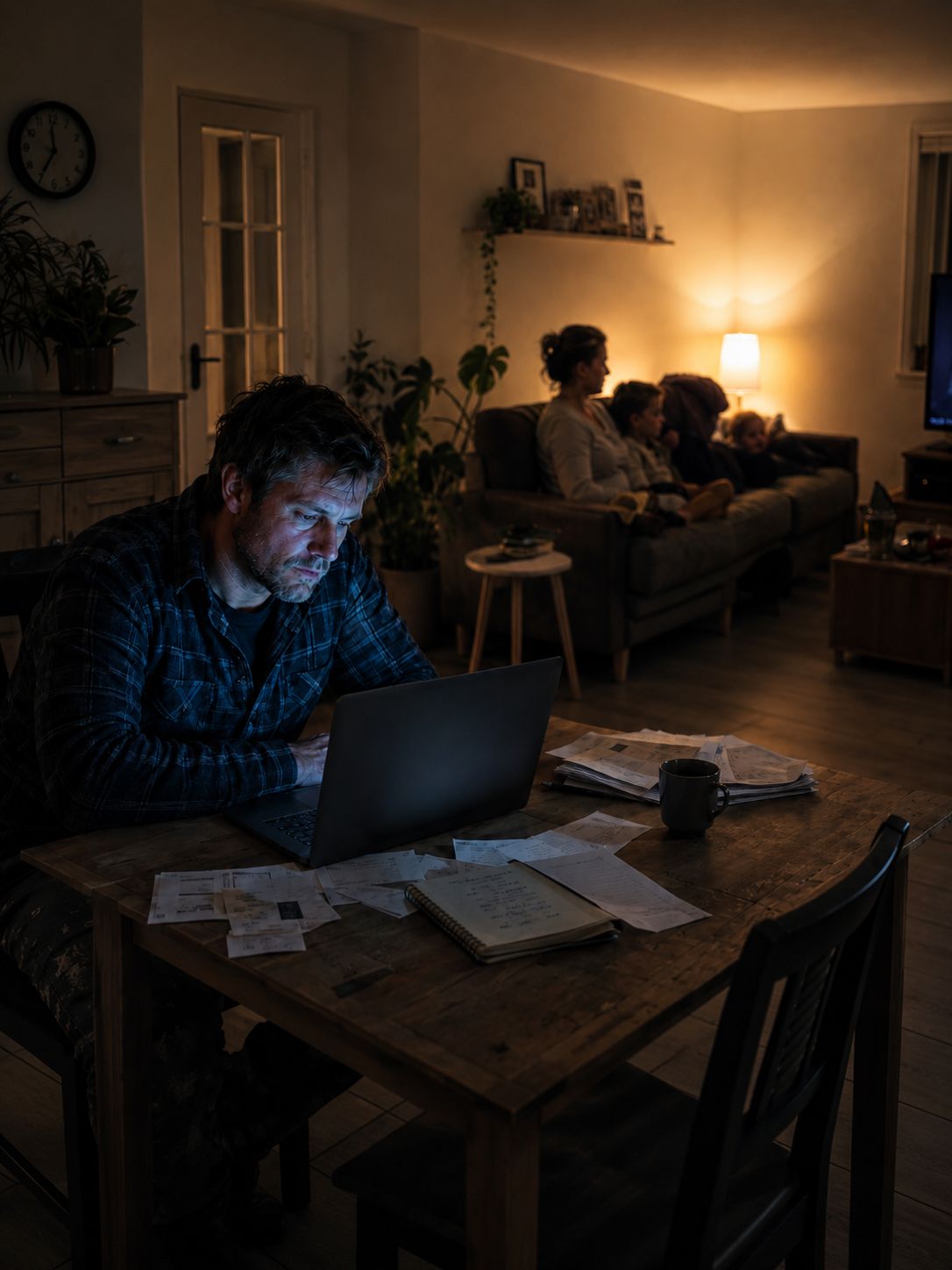 Tired tradesman doing evening admin at the dining table while his family watches TV.